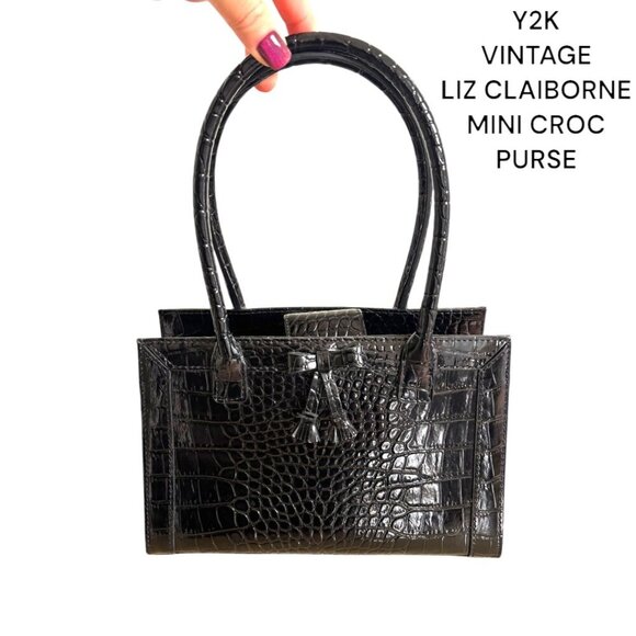 2000'S VINTAGE BLACK CROC PRINT MINI HANDBAG LIZ CLAIBORNE PURSE EUC - Picture 1 of 6